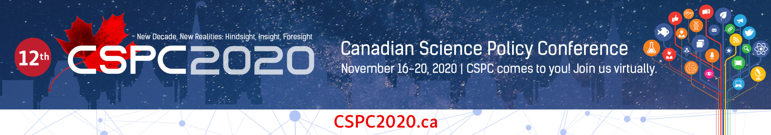 La bannière de la conférence CSPC 2020 : la feuille d'érable de la CSPC sur fond de galaxie avec le nom et les dates de la conférence.