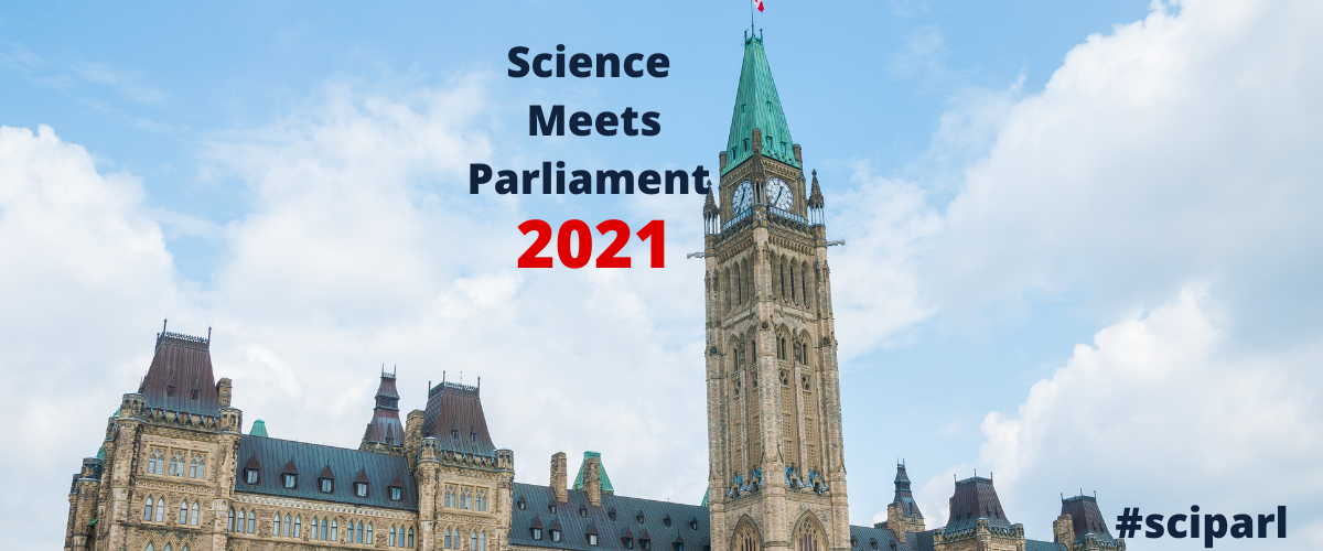 Parliament building with the text: Science Meets Parliament 2021, #sciparl