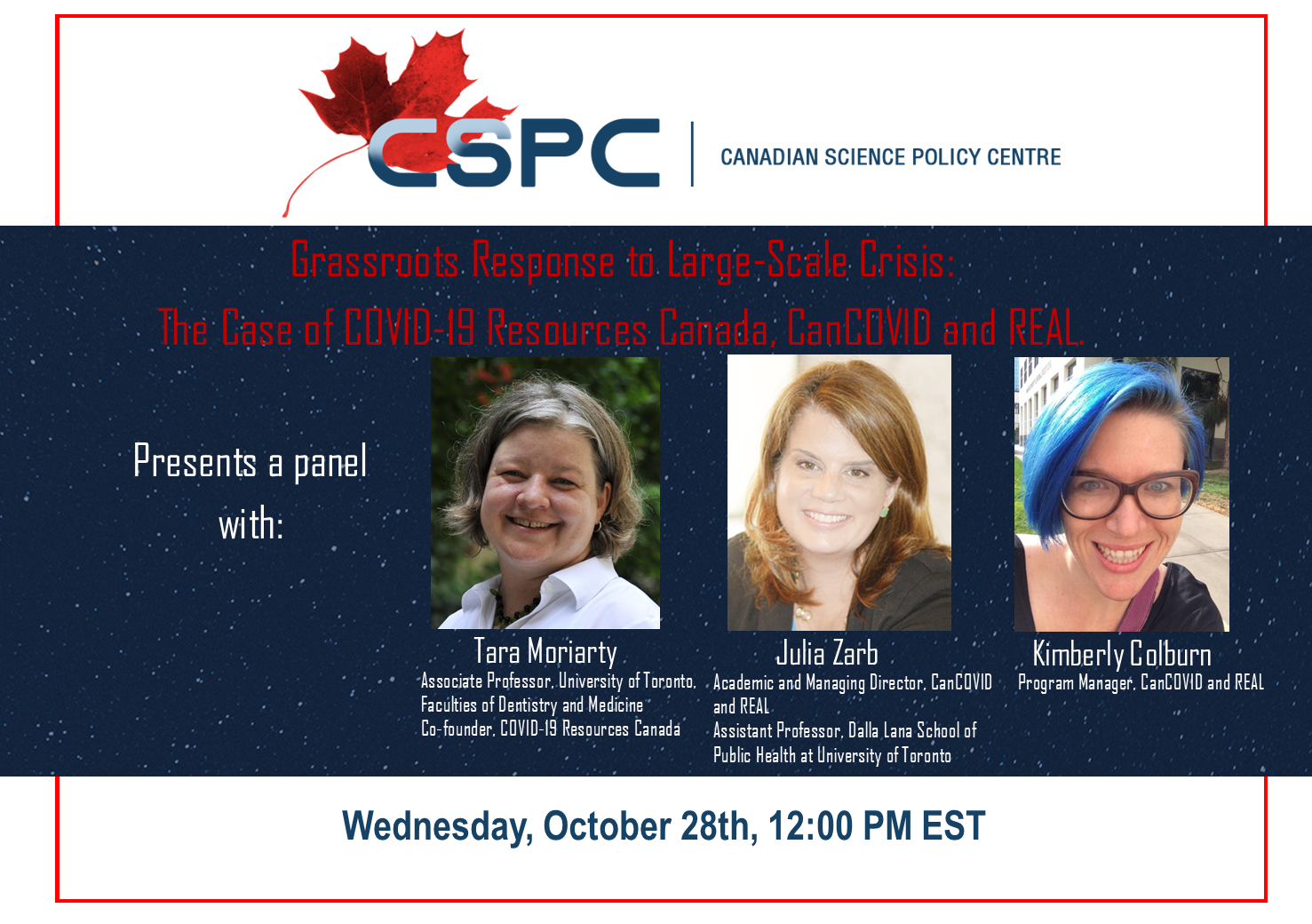 Promotional poster for the event "Grassroots Response to Large-Scale Crisis: The Case of COVID-19 Resources Canada, CanCOVID and REAL. " featuring pictures of the 3 female panelists