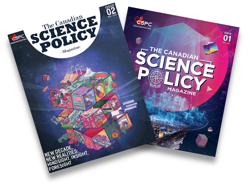L'image montre les deux couvertures du Canadian Science Policy Magazine