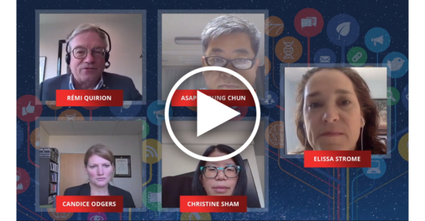 5 people on a zoom call with a galaxy background framing their video feeds