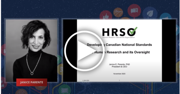 A black and white image of a woman next to the text: HRSO, Developing Canadian National Standards for Human Research and its Oversight