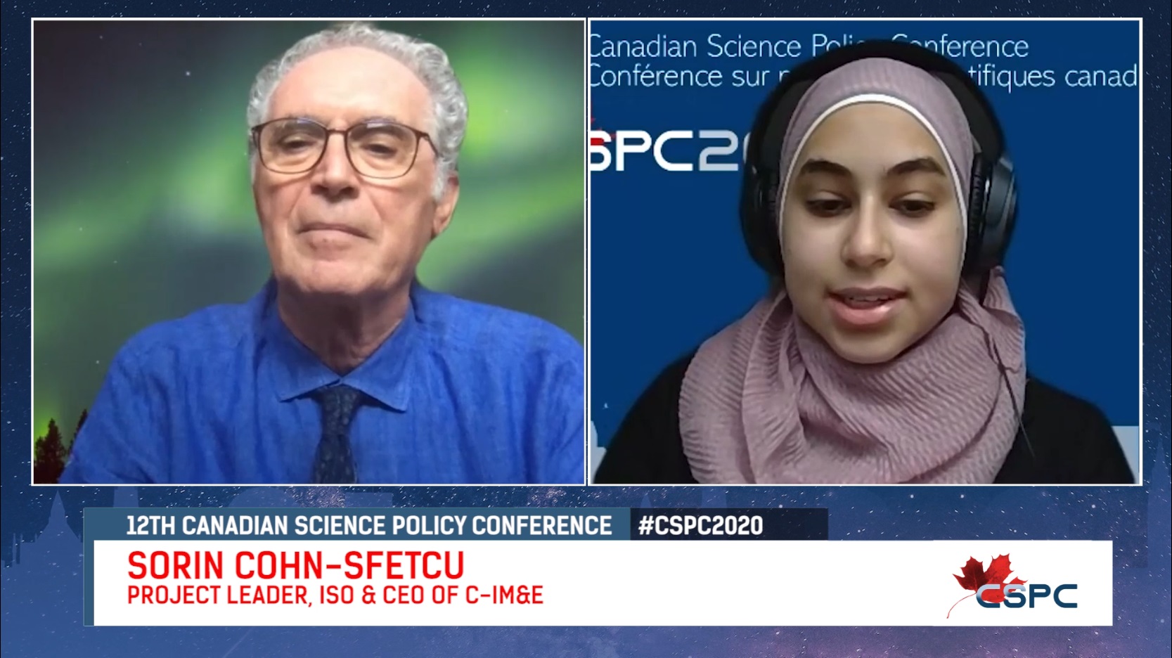 youtube screenshot of an interview between an old white man and a hijabi woman with large headphones