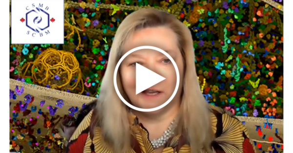 A screenshot of a white woman talking, with a playbutton overlaid
