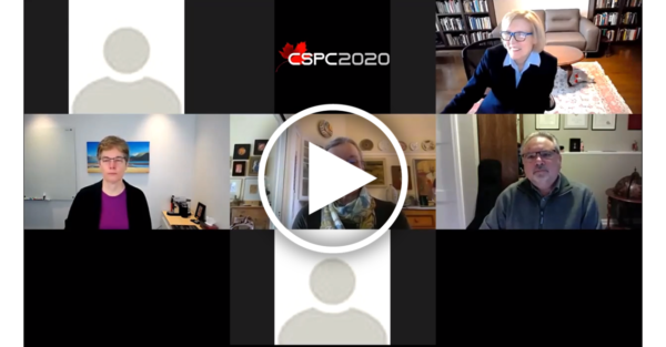 a screenshot of a zoom call with half a dozen people, with a play button overlaid