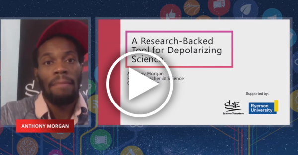 video feed of a black man in a cap next to a presentation slide bearing his session's title