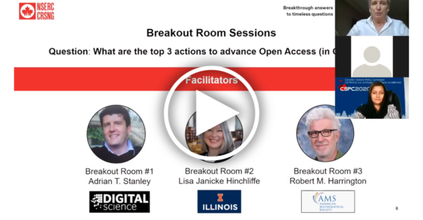 A presentation slide showing the photos of the trhee breaktout room leaders with a play button overlaid, and the video feed of panelists in the upper right corner