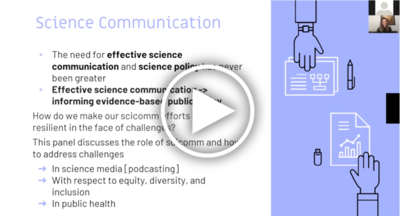 Screenshot of a presentation slide describing science communication with a play button overlaid