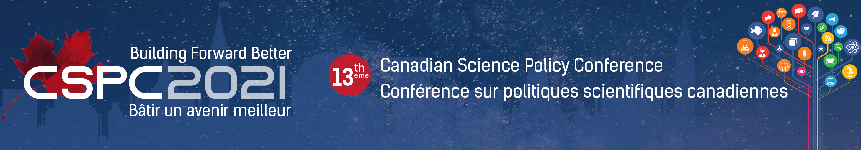 Banner for the CSPC 2021 conference with a starry night background and the works "Building Forward Better - 13th Canadian Science Policy Conference'