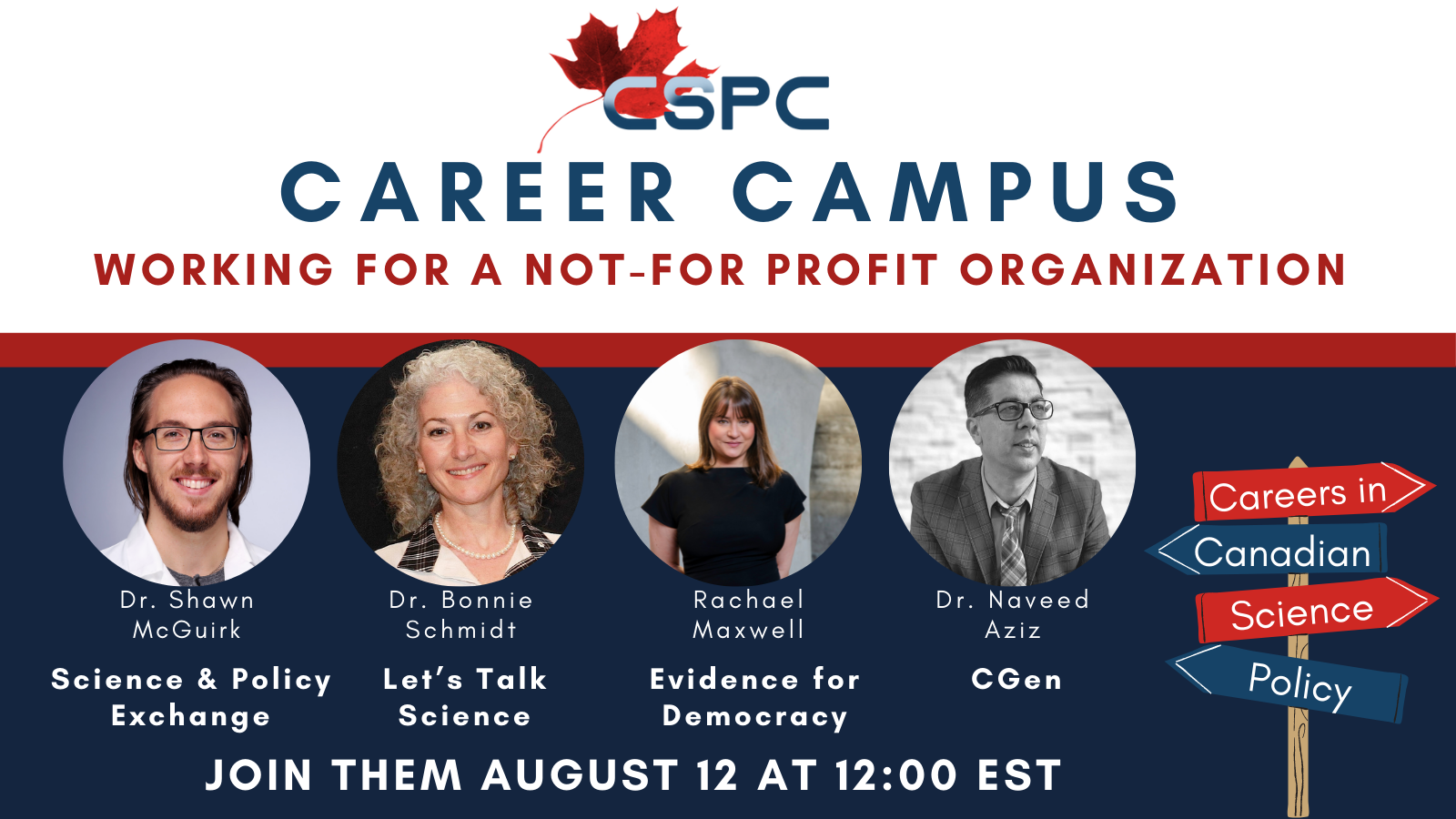 A banner for the career campus: working in not-for-profit organizations panel featuring a headshot of all of the panelists and their affiliations (listed in the text below)