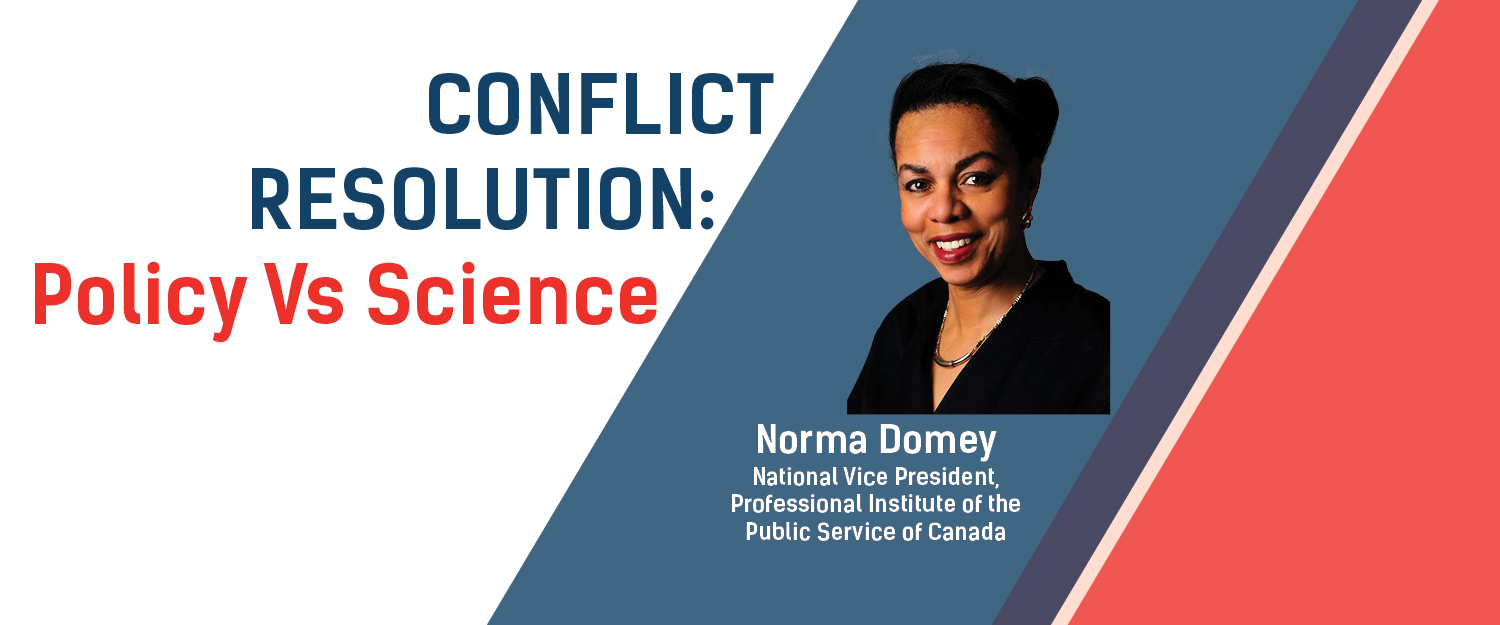 A headshot of a black woman with the title: Conflict Resolution: Policy vs Science and Norma Domey's name and affiliation