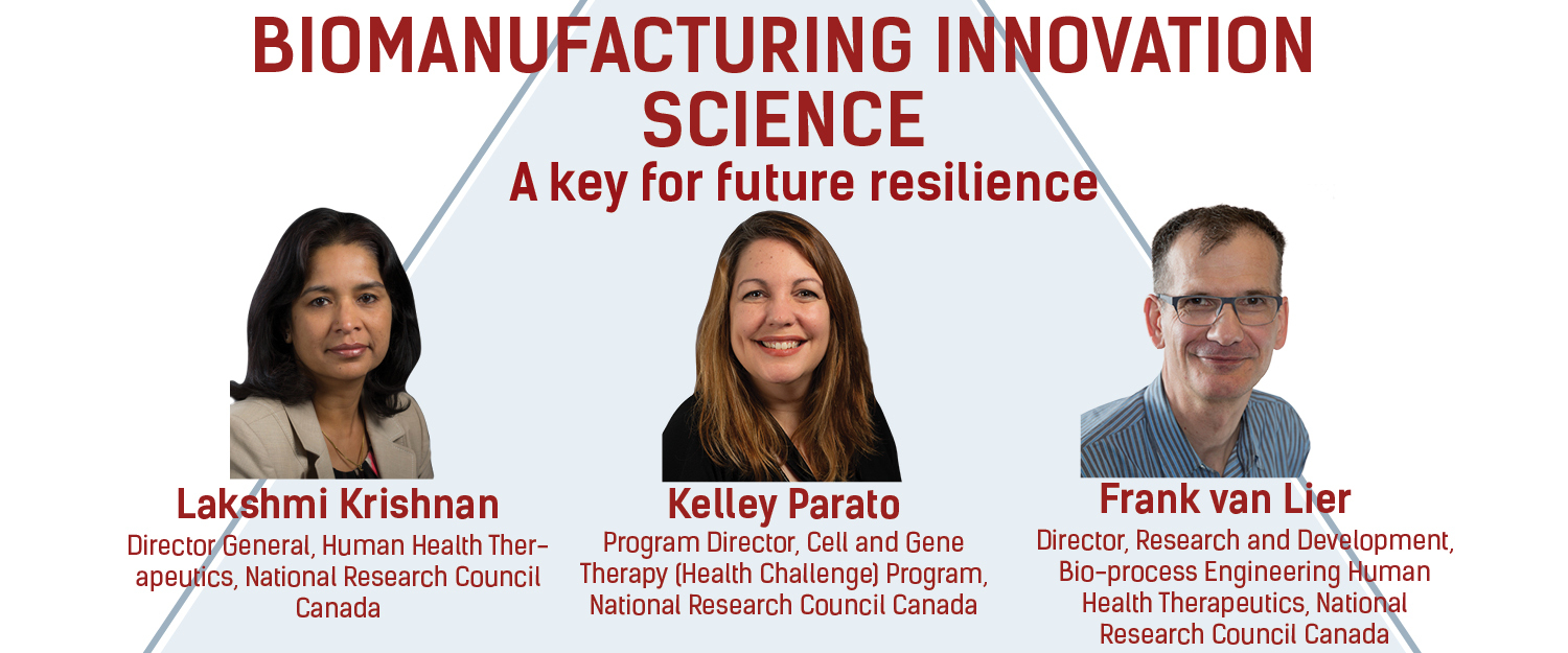 The headshots of an indian woman, a white woman and a white man with the title:Biomanufacturing Innovation Science: A Key for Future Resilience