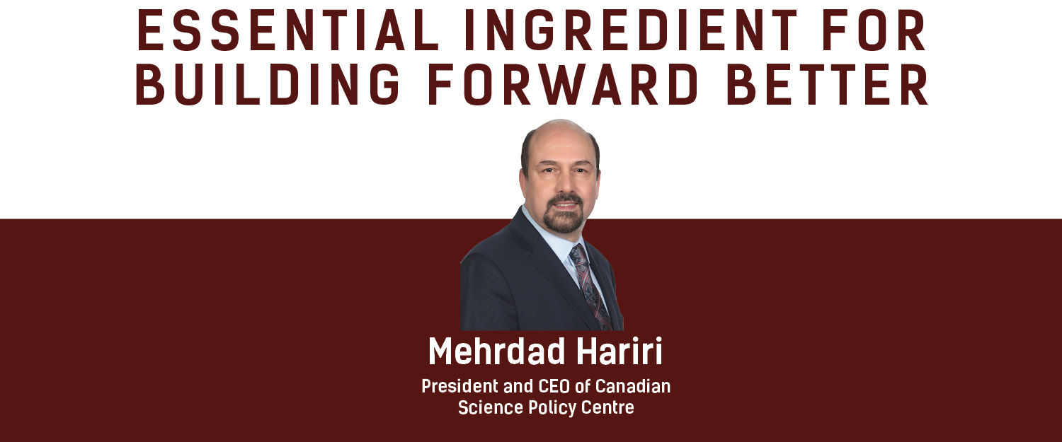 A headshot of a Persian man with the title: Essential Ingredients for building forward better