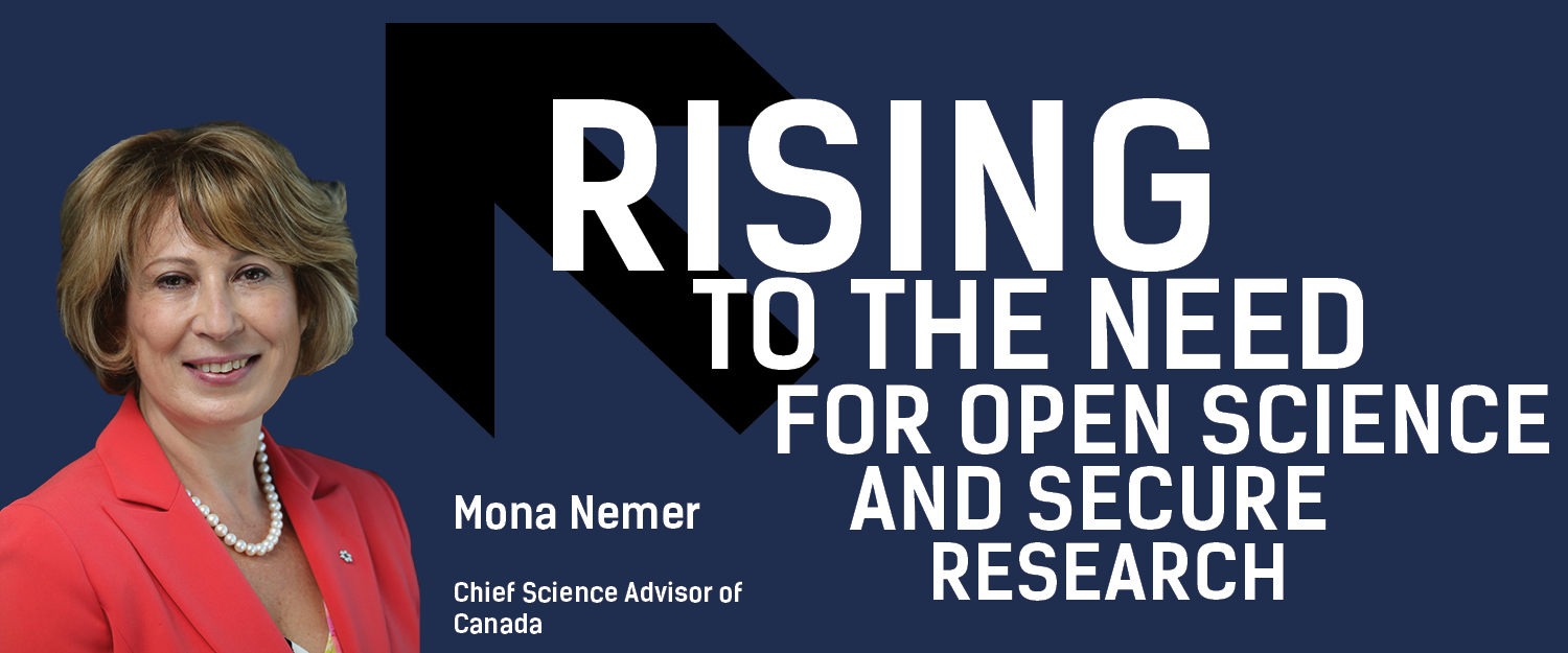 portrait d'une femme blanche avec le test : Rising to the Need for open science and secure research avec une flèche en arrière-plan