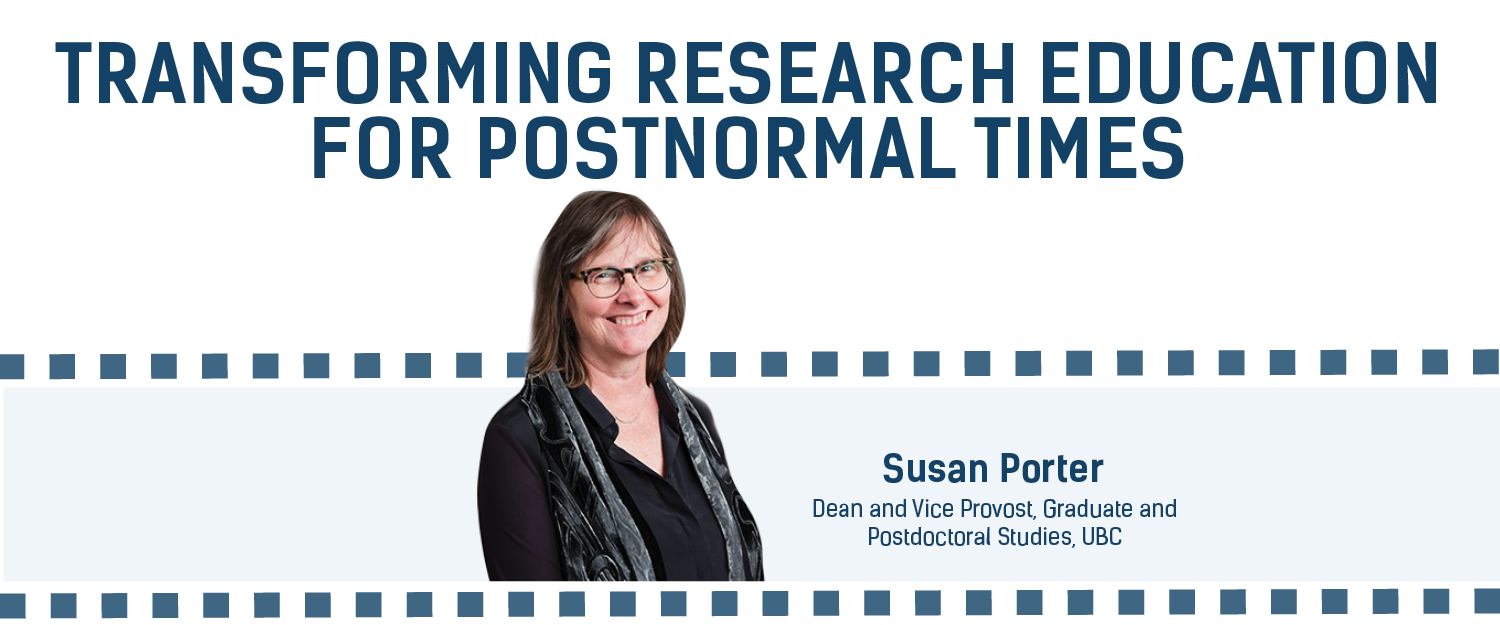 Headshot of a white woman with glasses with the title: Transforming Research Education for Postnormal Times