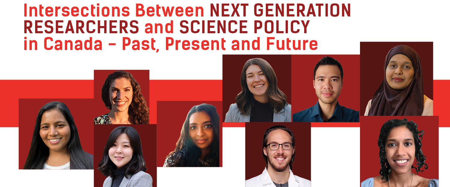 Les portraits de 9 jeunes adultes éparpillés sur un fond rouge avec le titre : Intersections entre les chercheurs de la prochaine génération et la politique scientifique au Canada - passé, présent et futur
