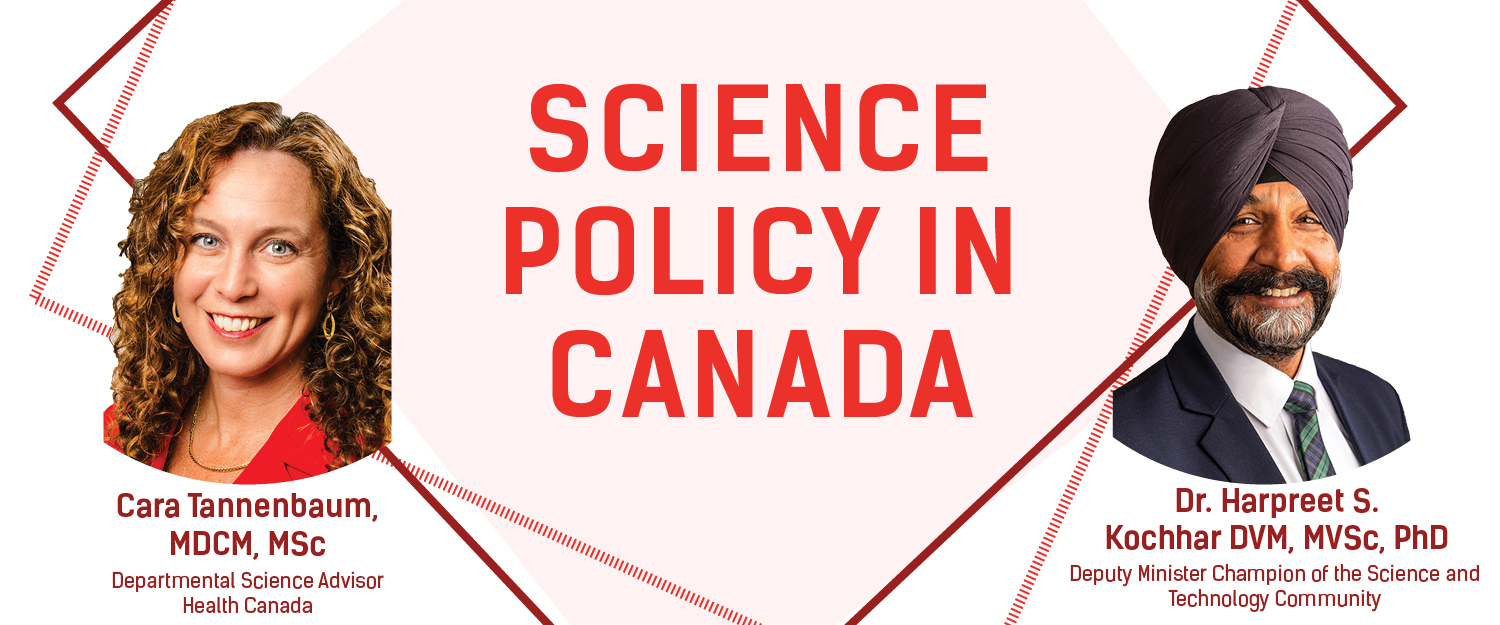Les portraits d'une femme blanche et d'un homme sikh encadrant le titre "La politique scientifique au Canada" ainsi que les noms et affiliations de Cara Tannenbaum et Harpreet S Kochar