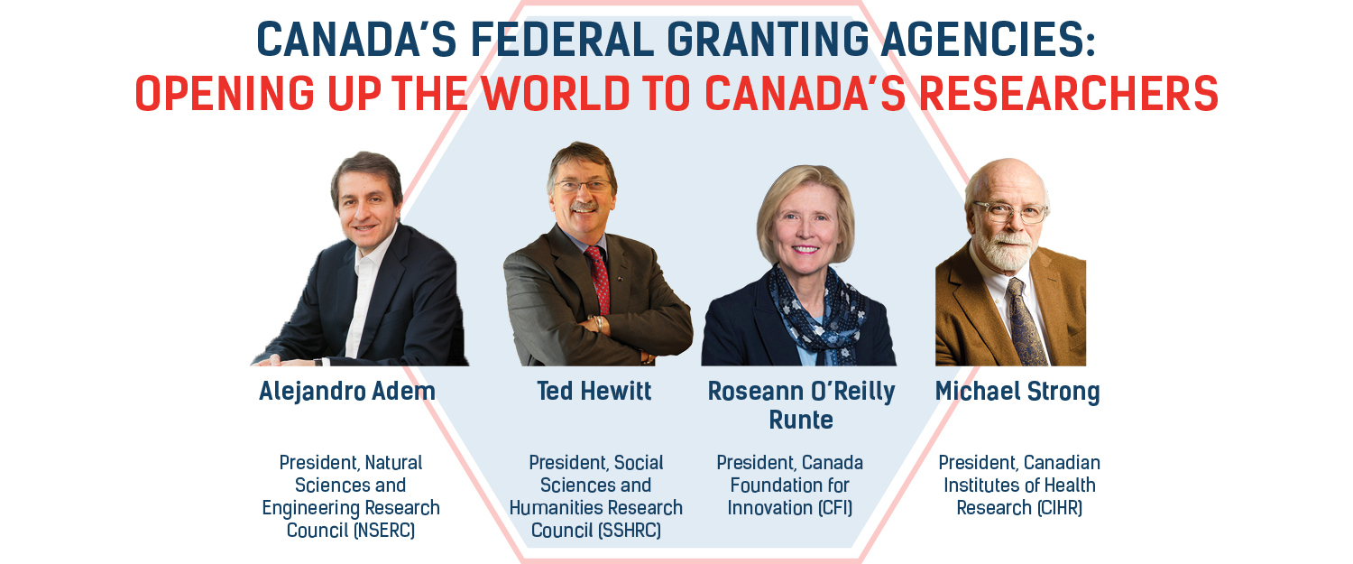 The headshots of three white men and a white woman with the title Canada’s Federal Granting Agencies: Opening up the World to Canada’s Researchers by Alejandro Adem, Ted Hewitt, Roseann O’Reilly Runte and Michael Strong