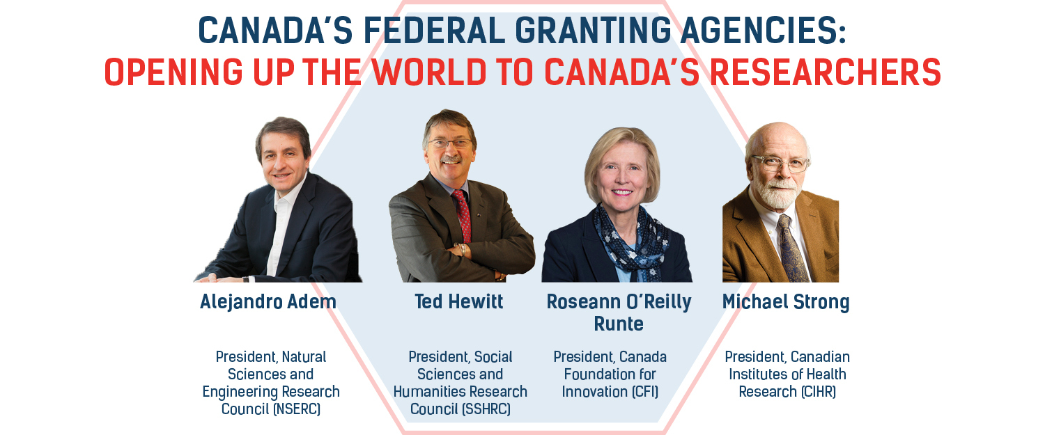 Les portraits de trois hommes blancs et d'une femme blanche avec le titre Canada's Federal Granting Agencies: Opening the World to Canada's Researchers par Alejandro Adem, Ted Hewitt, Roseann O'Reilly Runte et Michael Strong