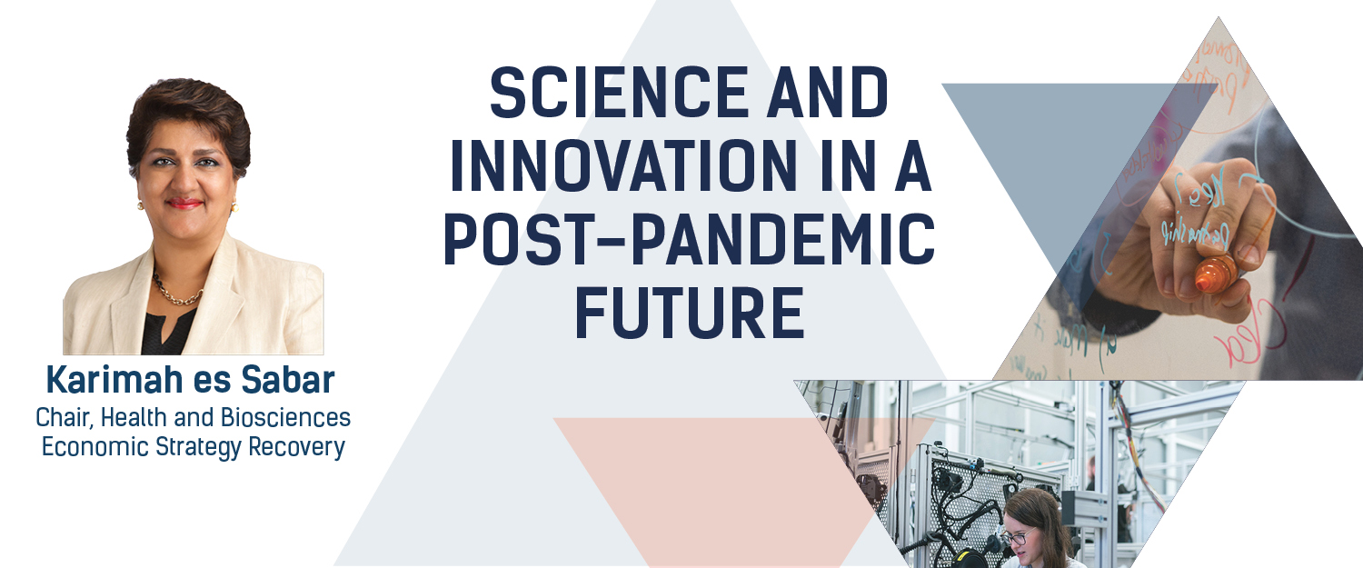 Tête d'une femme brune avec le titre : Science et innovation dans un avenir post-pandémique