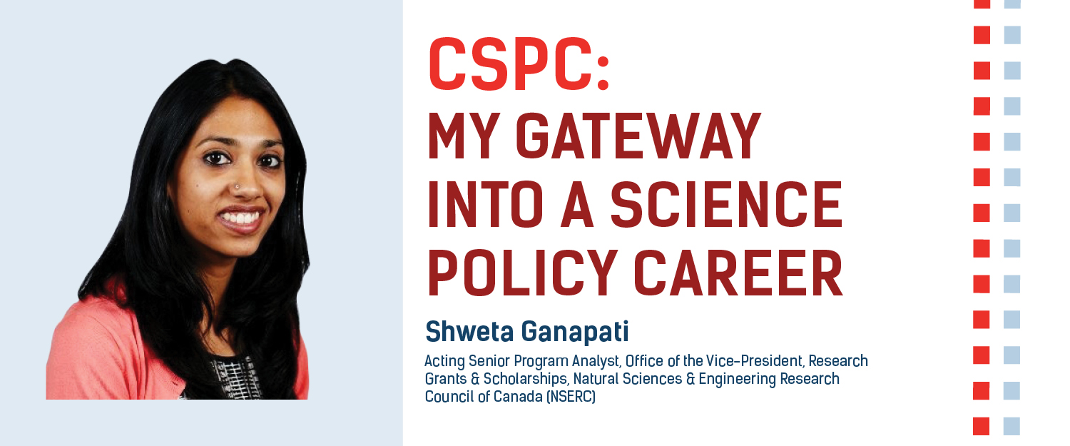 Un portrait d'une femme indienne avec le titre : CSPC : My Gateway Into A Science Policy Career
