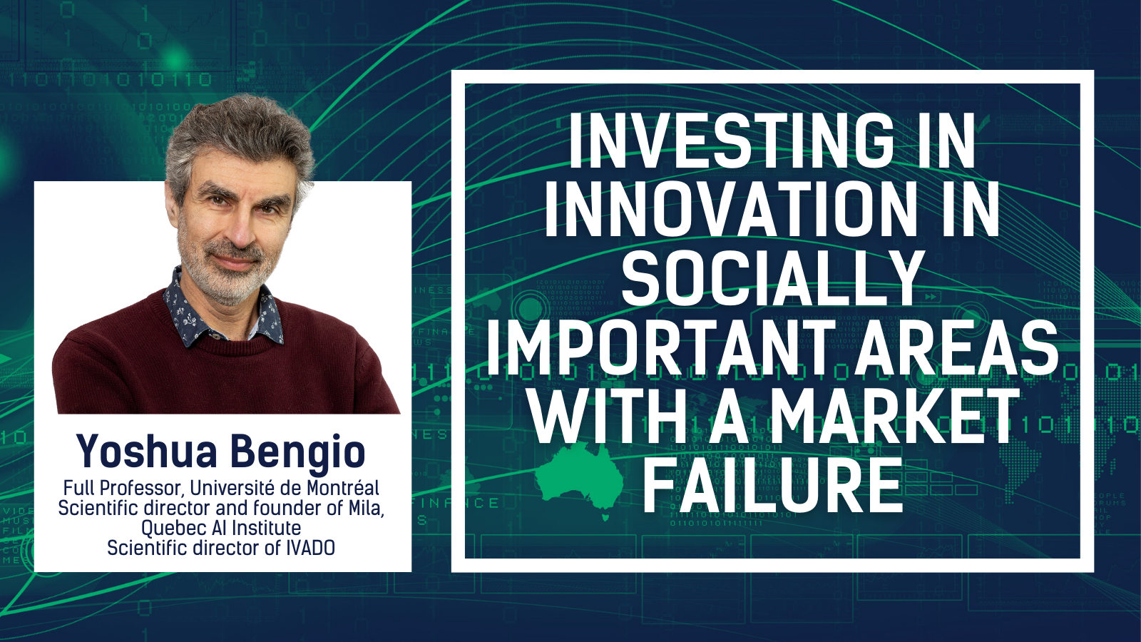 a banner with the title "Investing in innovation in socially important areas with a market failure" with the headshot of an older white man