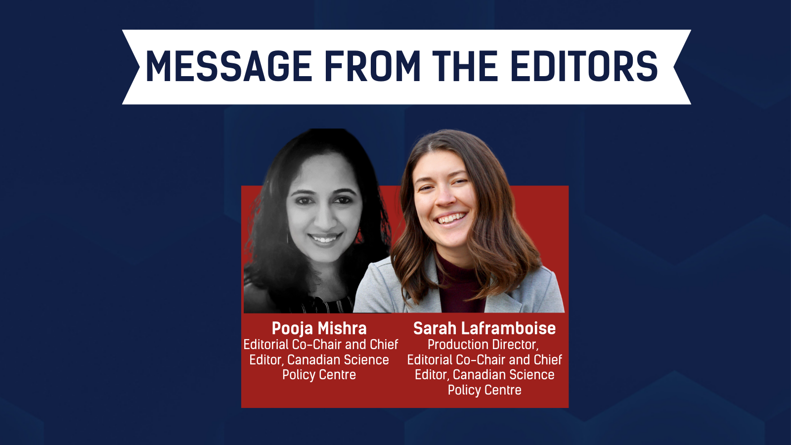 A banner that says "message from the editors" with a headshot of an indian woman in greyscale and a white woman in color.