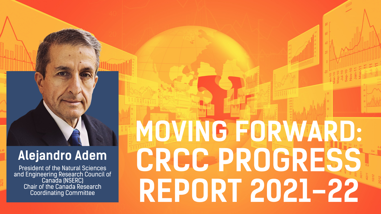 Une bannière avec le titre "Moving Forward: CRCC Progress Report 2021-22" avec une photo d'un homme blanc plus âgé