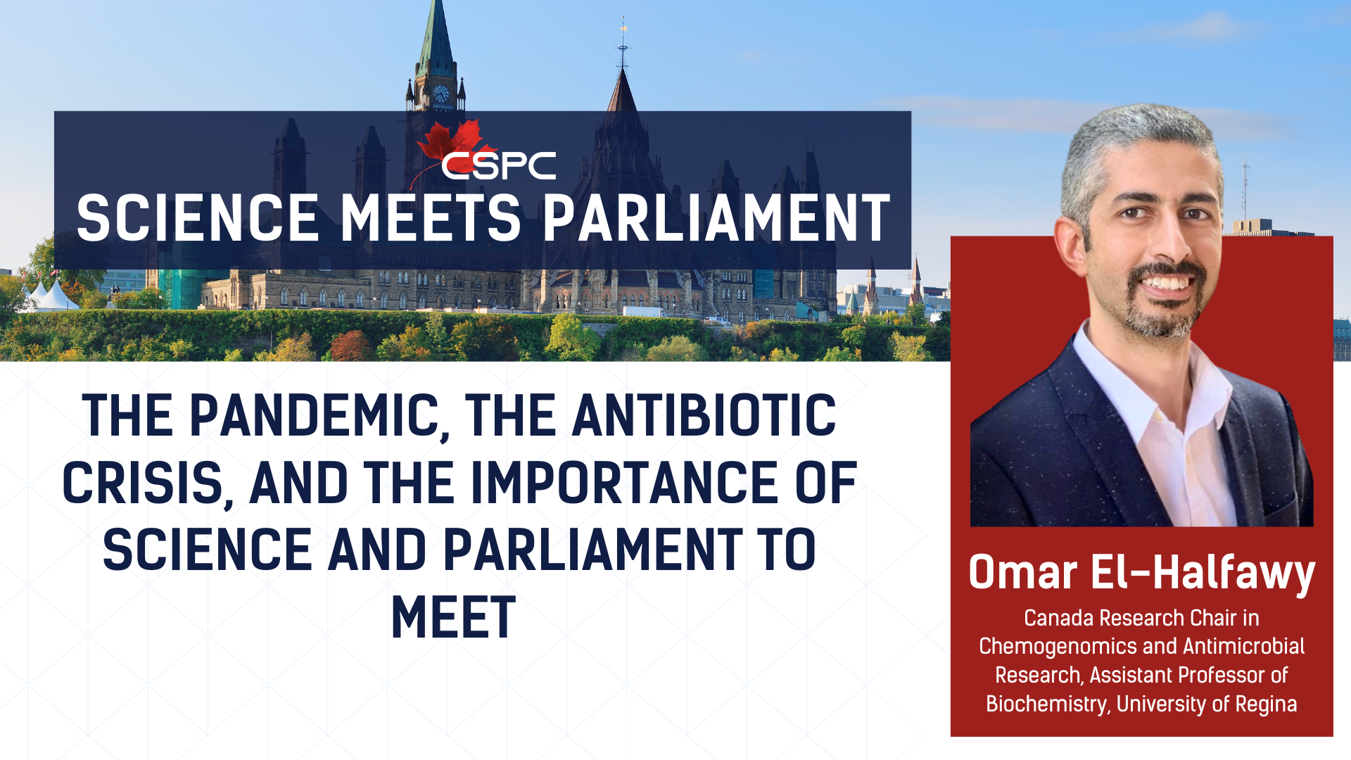 une bannière avec le titre "La pandémie, la crise des antibiotiques et l'importance de la science et du Parlement pour se rencontrer" à côté de la photo d'un homme du Moyen-Orient