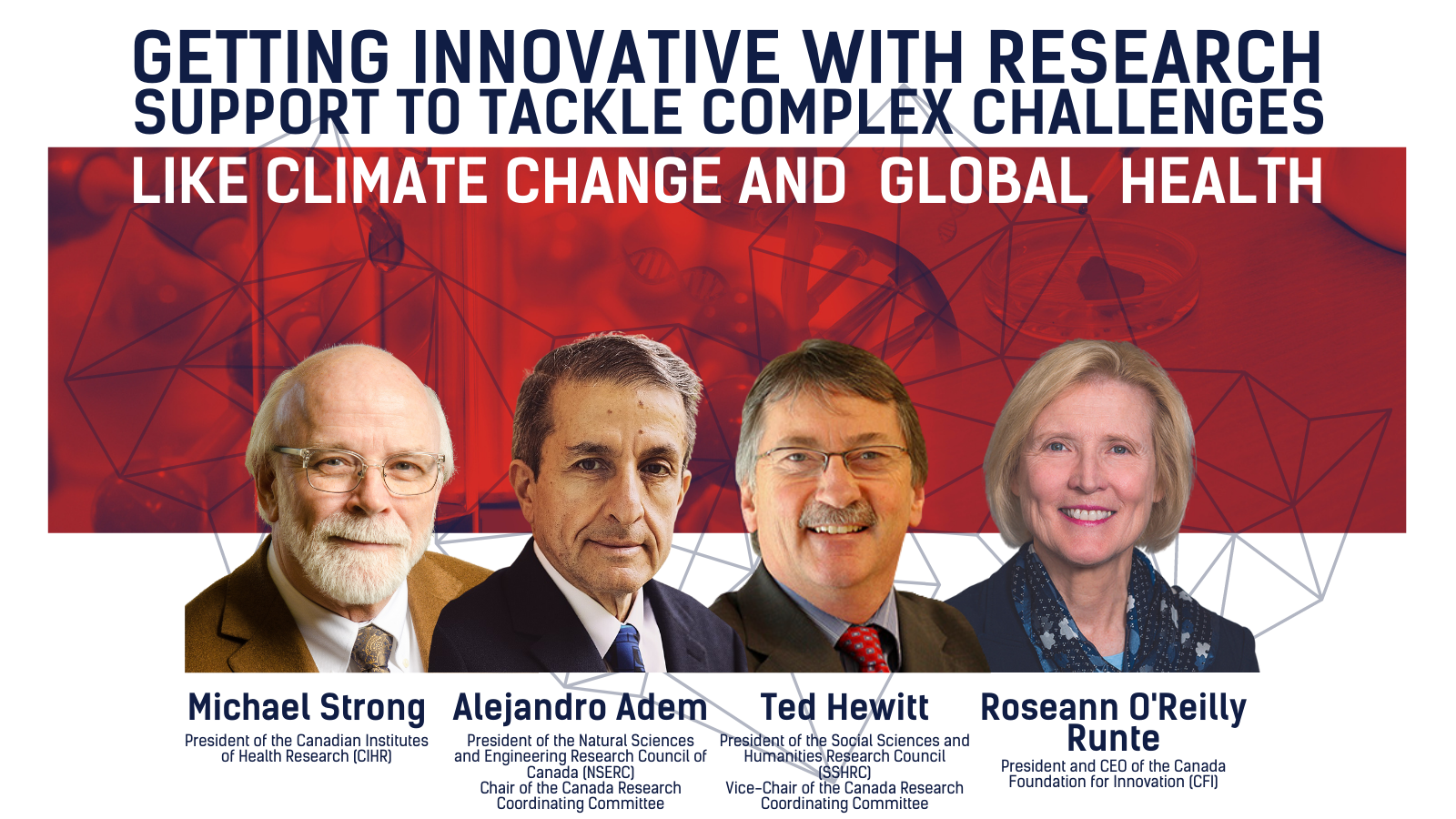 Une bannière avec le titre « Être innovant avec un soutien à la recherche pour relever des défis complexes comme le changement climatique et la santé mondiale » avec les portraits de 3 hommes et une femme sur fond rouge
