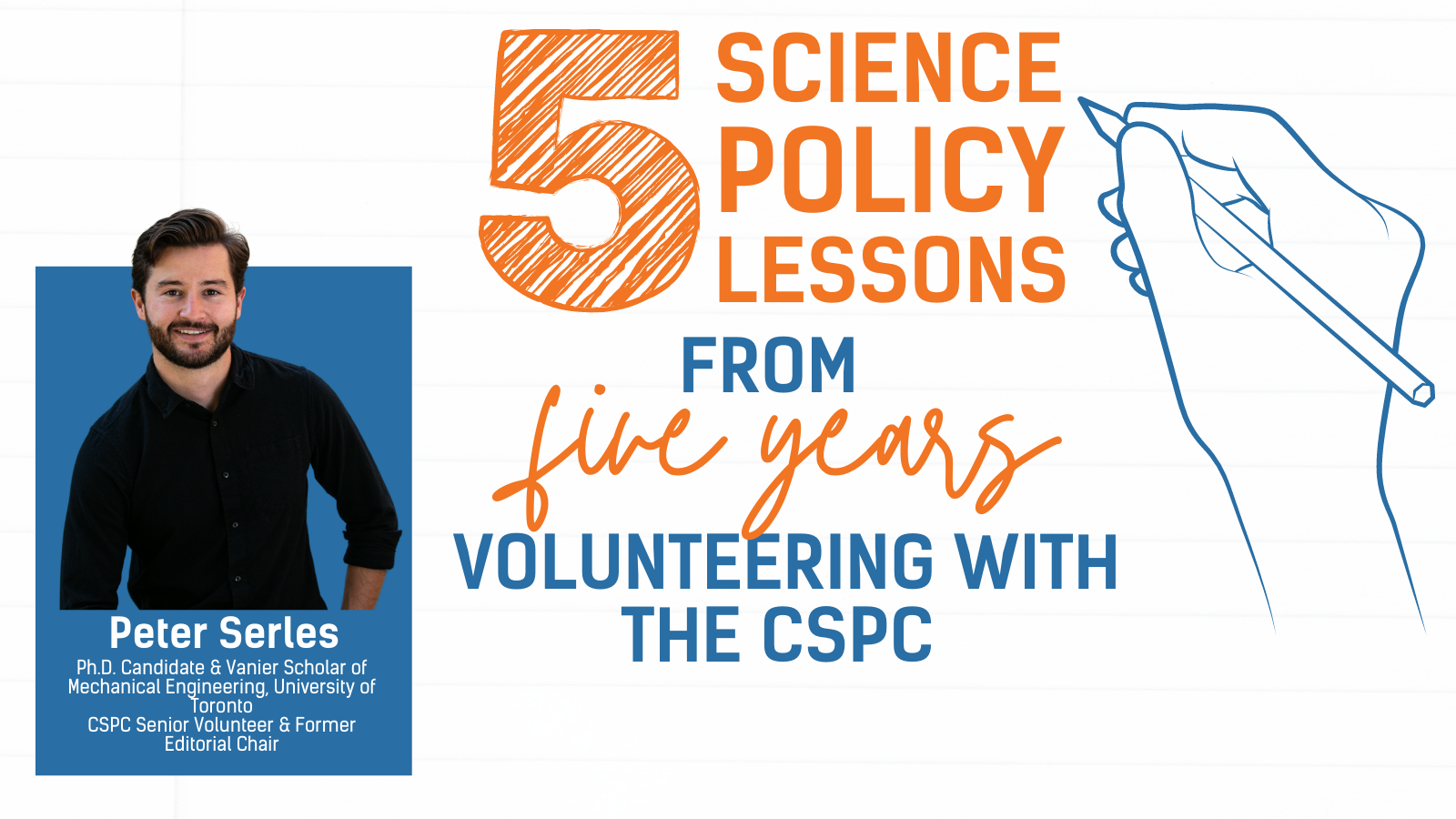 A banner with the title "5 policy lessons from five years volunteering with CSPC" next to a picture of the upper half of a young white man