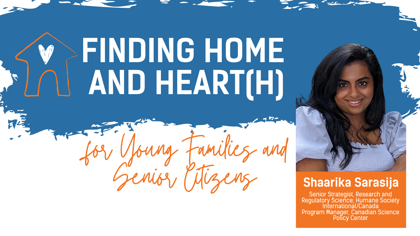 Banner with the title "finding a home and heat(h)" with the headshot of a smiling indian woman