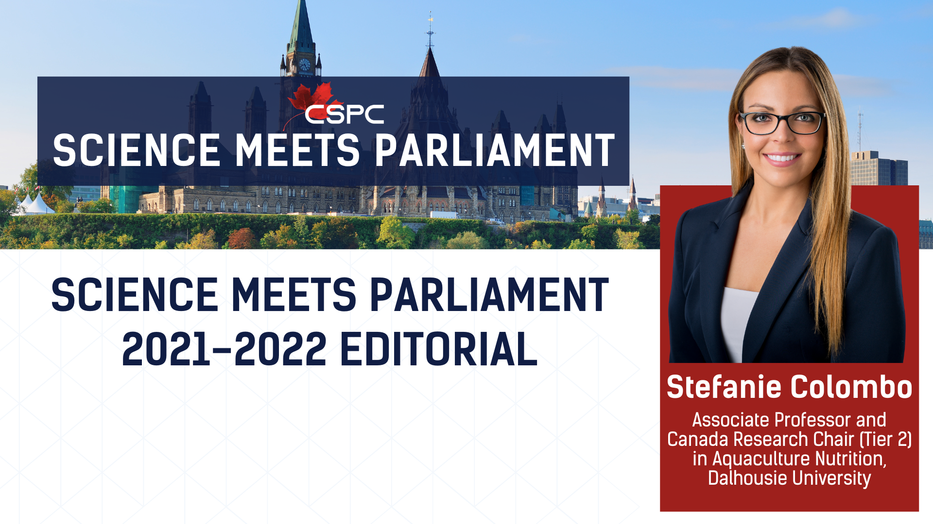 a banner with the title "Science Meets Parliament 2021-2022" alongside a headshot of a white woman with glasses
