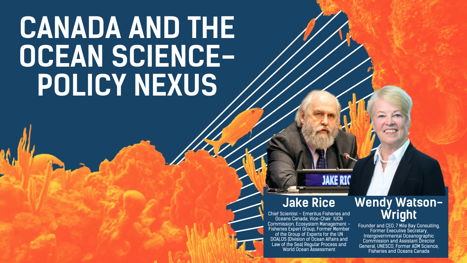 a banner with the title "Canada and the Ocean Science-Policy Nexus" with stylized coral and the headshots of an older white man and woman