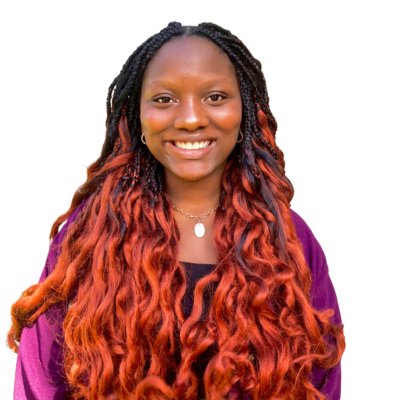 headshot of a black woman with red braids on a white background