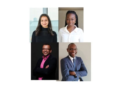 A collage of headshots of a middle eastern woman, a black woman and two black men.