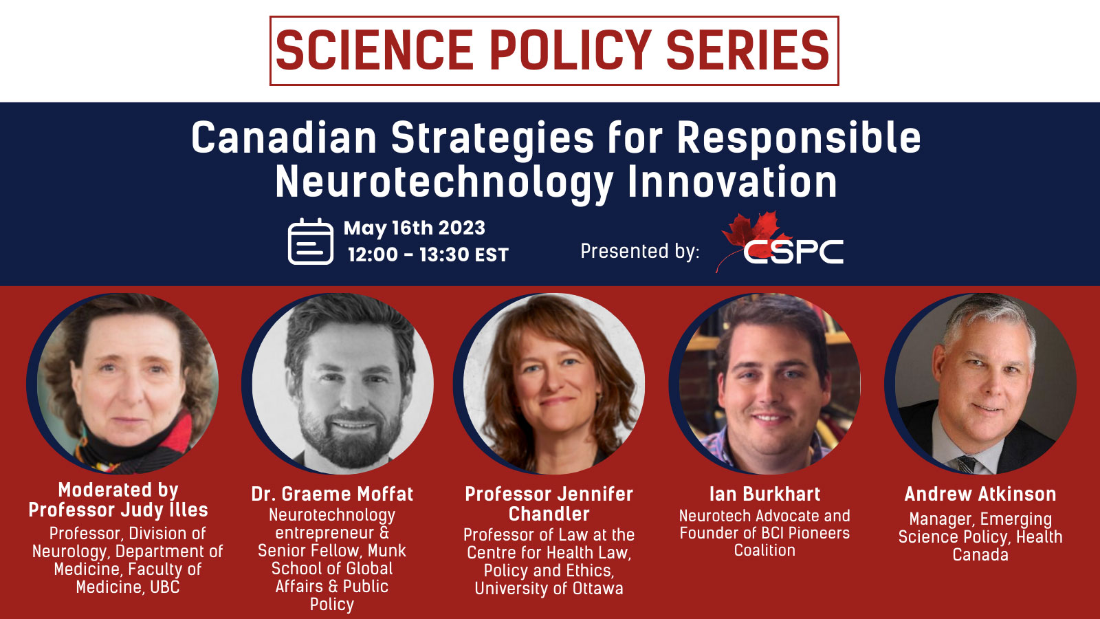 Bannière du panel « Stratégies canadiennes pour une innovation responsable en neurotechnologie » le 16 mai 2023