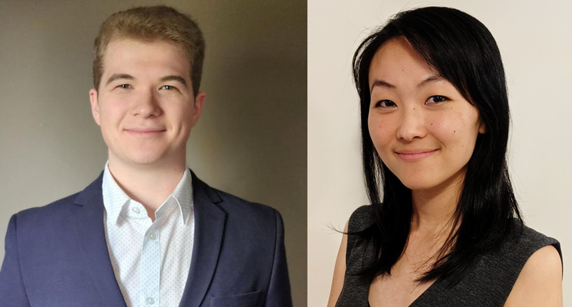 A college of the headshots of a white man in a blue suit and an Asian woman