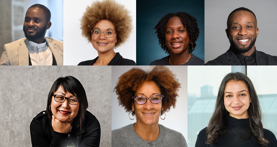 collage of headshots of two black men, three black women, an arab woman and an indigenous woman.