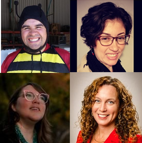 Collage of four headshots, the first a man in a ladybug costume, then a woman with short hair and glasses, then a woman with long hair and glasses, and then a woman with curly hair.
