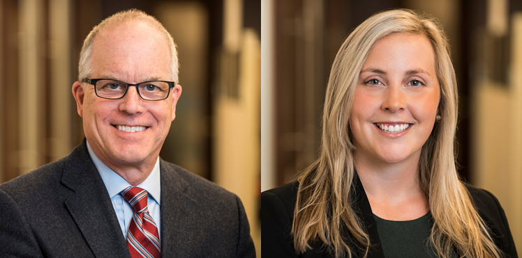 The headshots of a white man and woman in front of a golden background