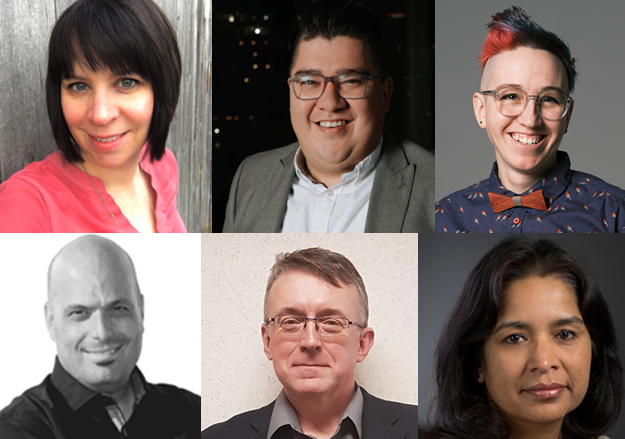 A collage of five headshots, two white men, a white woman, a latino man and an indian woman, and a non-binary white person